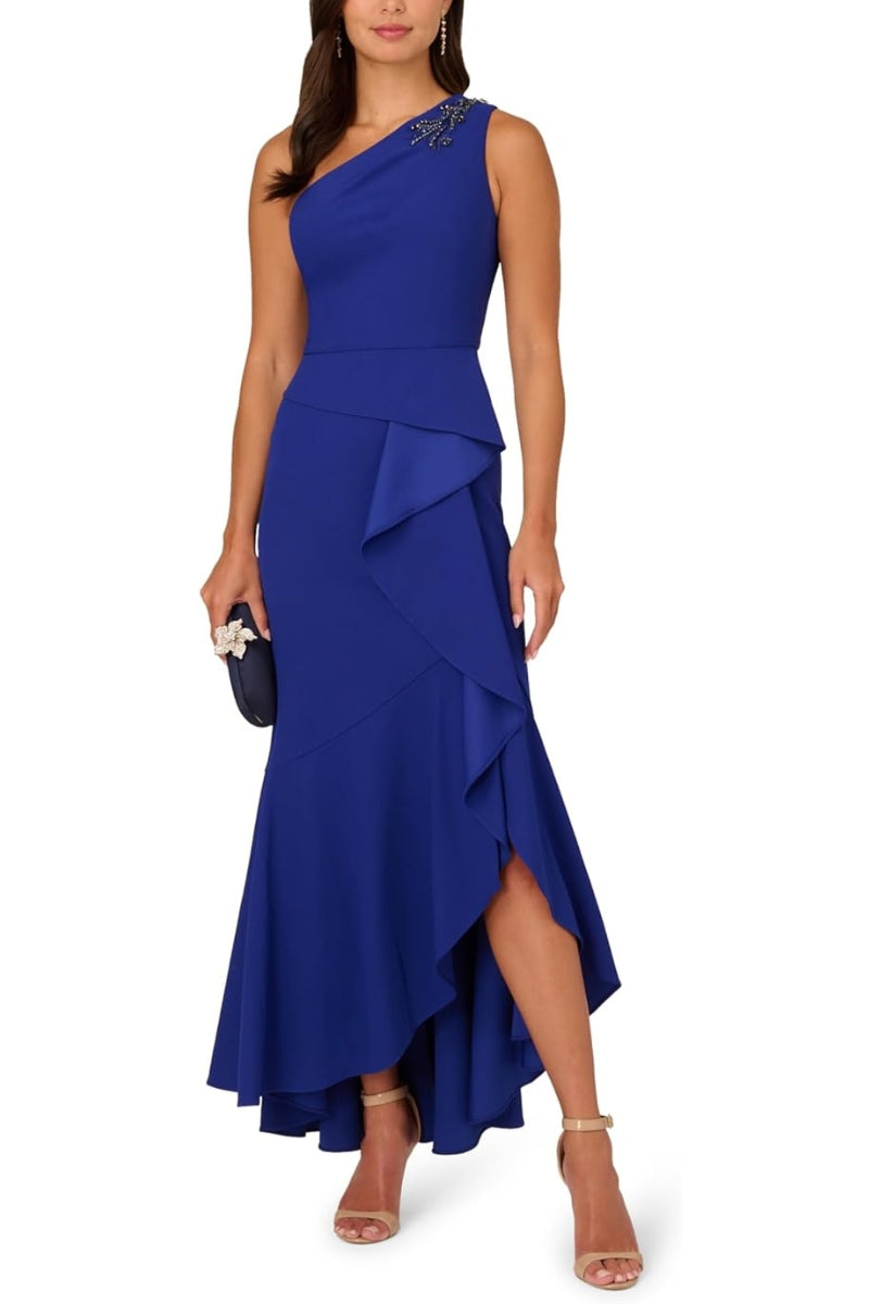 Adrianna Papell Beaded One-Shoulder Sleeveless Side Zipper Closure Ruffles Draped Details Dress