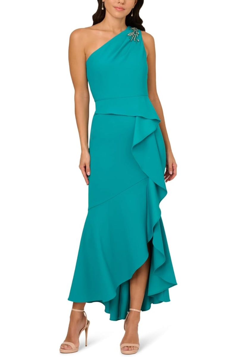 Adrianna Papell Beaded One-Shoulder Sleeveless Side Zipper Closure Ruffles Draped Details Dress