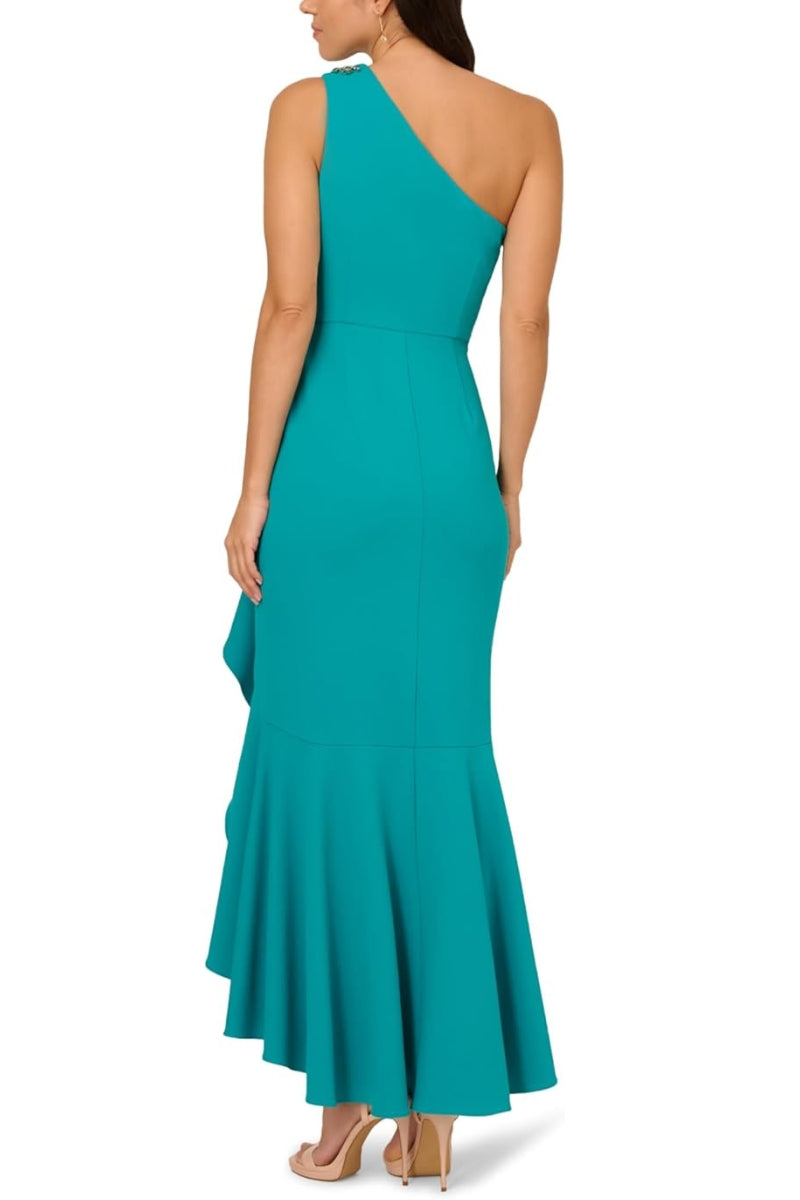 Adrianna Papell Beaded One-Shoulder Sleeveless Side Zipper Closure Ruffles Draped Details Dress