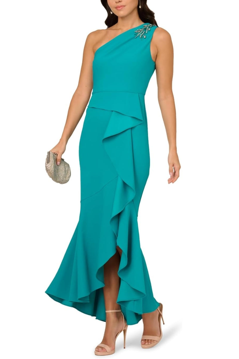 Adrianna Papell Beaded One-Shoulder Sleeveless Side Zipper Closure Ruffles Draped Details Dress