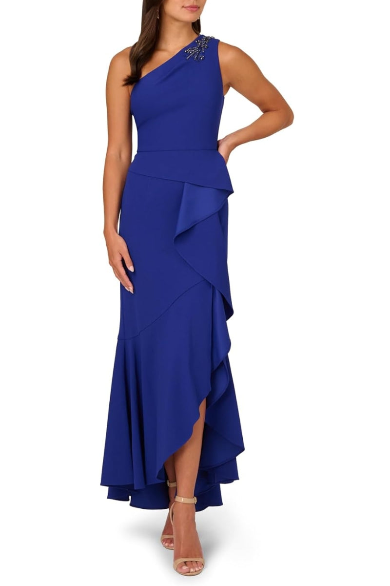 Adrianna Papell Beaded One-Shoulder Sleeveless Side Zipper Closure Ruffles Draped Details Dress
